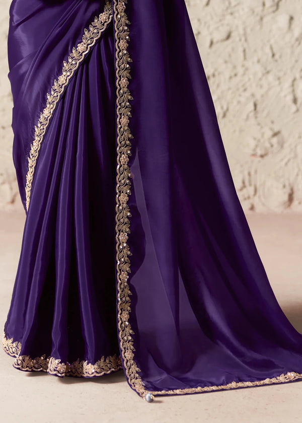 Deep Violet Organza Saree with Grey Contrast Blouse