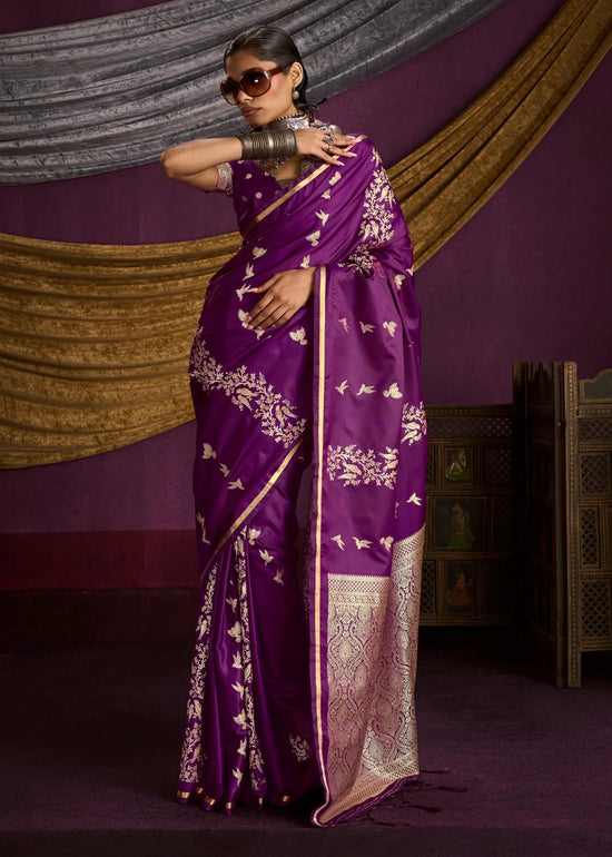 Deep Violet Purple Satin Silk Saree