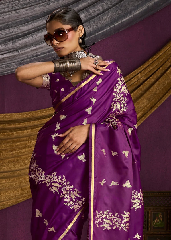 Deep Violet Purple Satin Silk Saree