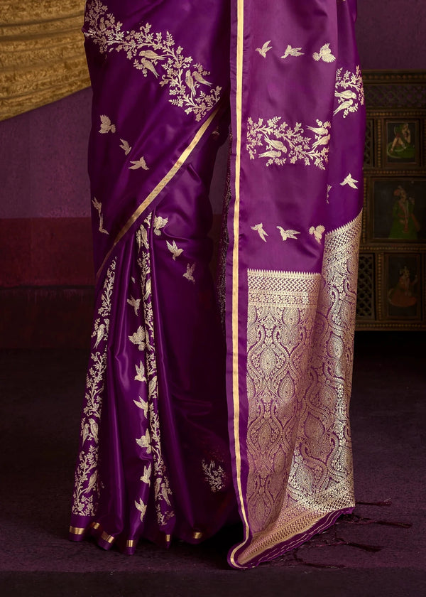 Deep Violet Purple Satin Silk Saree