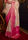 Dingy Dungeon Pink And Cream Zari Woven Banarasi Tanchoi Silk Saree