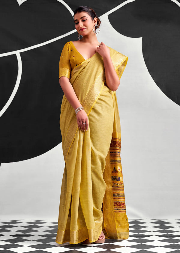Mustard Yellow Woven Designer Linen Cotton Saree