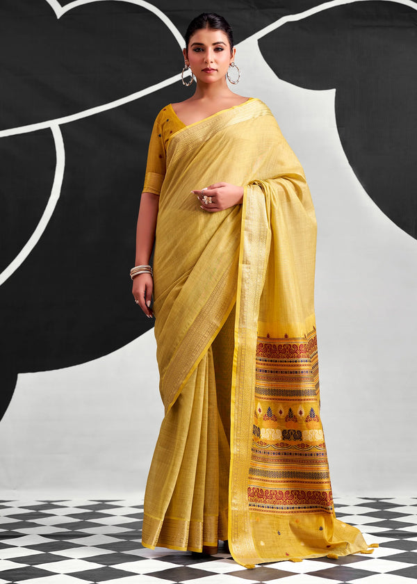 Mustard Yellow Woven Designer Linen Cotton Saree