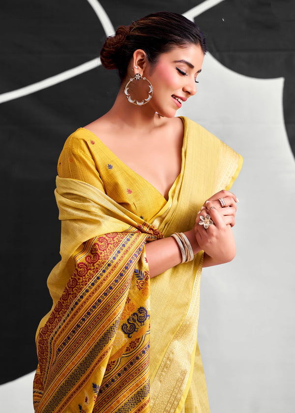 Mustard Yellow Woven Designer Linen Cotton Saree