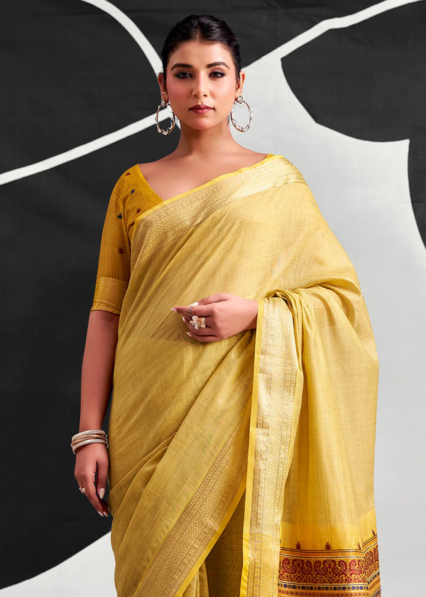 Mustard Yellow Woven Designer Linen Cotton Saree