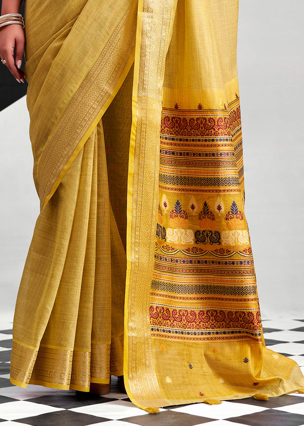 Mustard Yellow Woven Designer Linen Cotton Saree