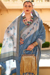 Dusty Blue And Light Grey Banarasi Silk Saree With Floral Pallu