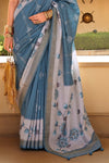 Dusty Blue And Light Grey Banarasi Silk Saree With Floral Pallu