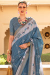 Dusty Blue And Light Grey Banarasi Silk Saree With Floral Pallu