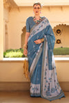 Dusty Blue And Light Grey Banarasi Silk Saree With Floral Pallu