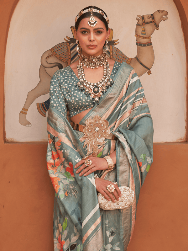 Dusty Blue Banarasi Dola Silk Saree