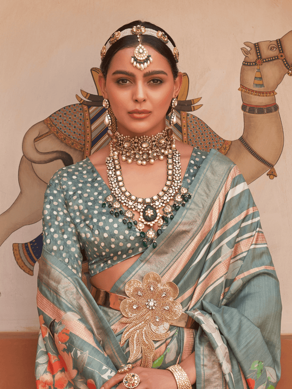 Dusty Blue Banarasi Dola Silk Saree