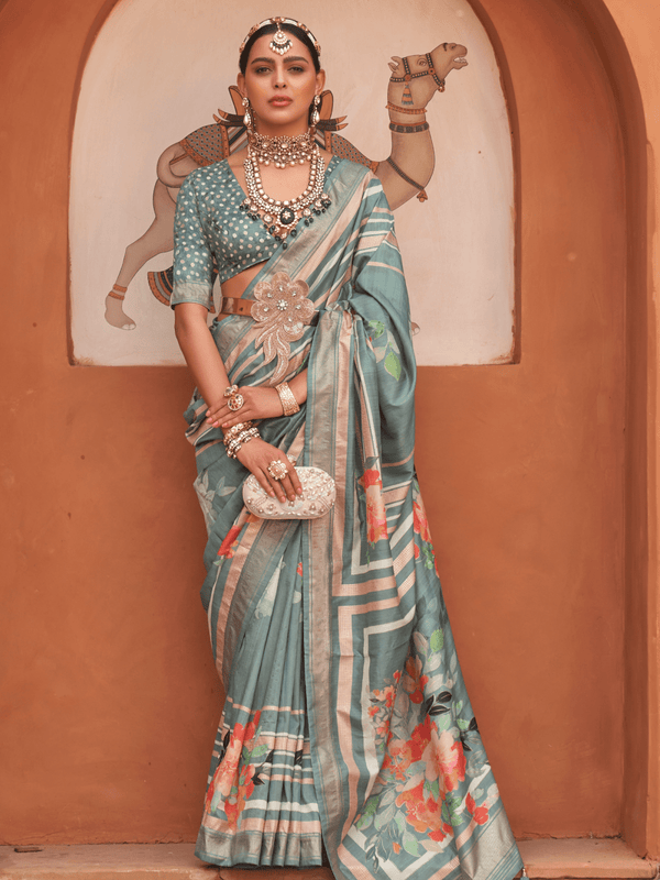Dusty Blue Banarasi Dola Silk Saree