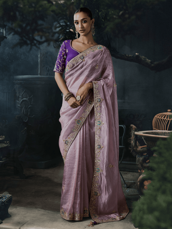 Dusty Mauve Embroidered Designer Tissue Silk Saree With Contrast Blouse