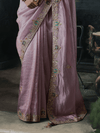 Dusty Mauve Embroidered Designer Tissue Silk Saree With Contrast Blouse