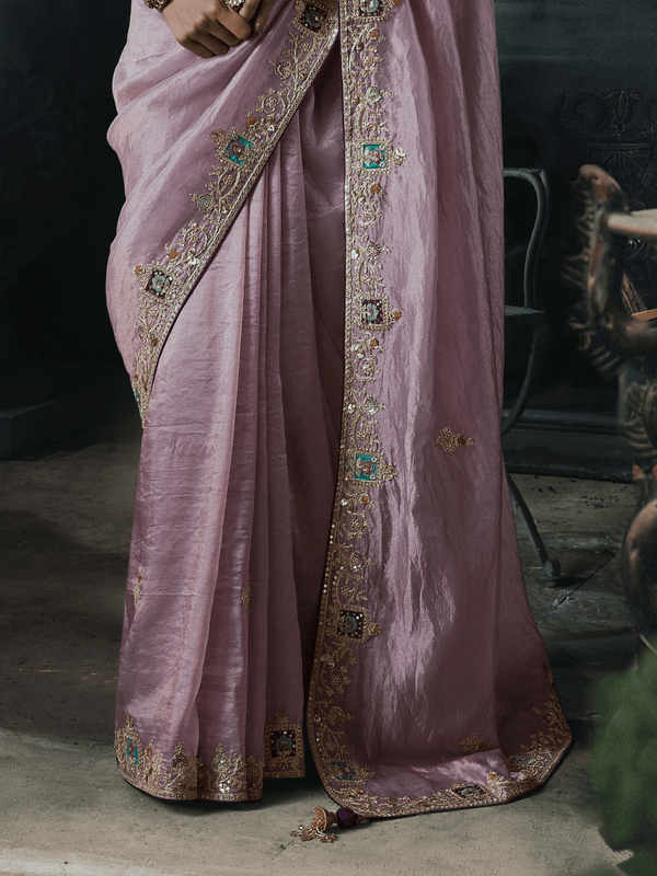 Dusty Mauve Embroidered Designer Tissue Silk Saree With Contrast Blouse