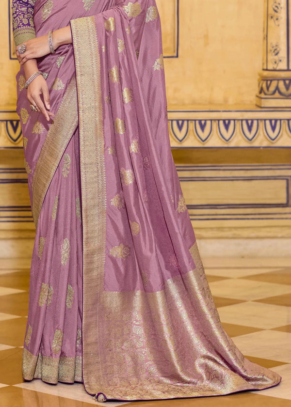 Dusty Mauve Pink Banarasi Crepe Silk Saree with Purple Contrast Blouse