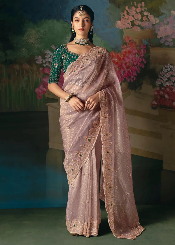 Dusty Pink Designer Silk Saree with Floral Embroidery Work