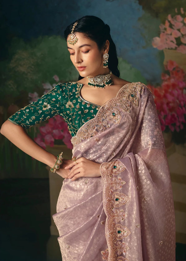 Dusty Pink Designer Silk Saree with Floral Embroidery Work