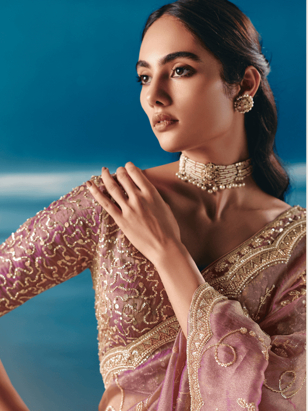 Dusty Pink Embroidered Designer Organza Silk Saree
