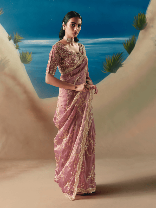 Dusty Pink Embroidered Designer Organza Silk Saree