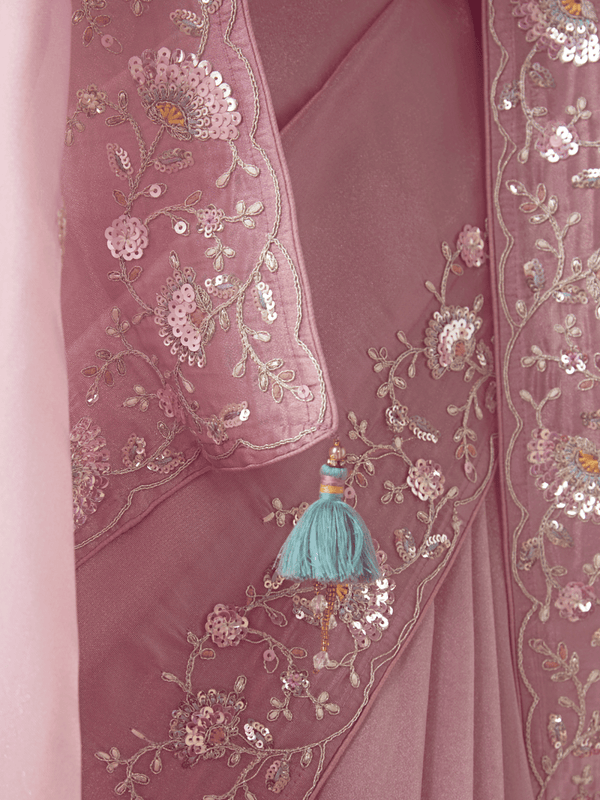 Dusty Pink Embroidered Designer Organza Silk Saree With Contrast Blouse