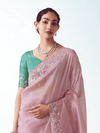Dusty Pink Embroidered Designer Organza Silk Saree With Contrast Blouse