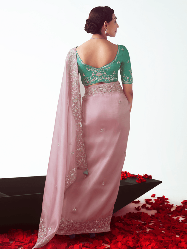Dusty Pink Embroidered Designer Organza Silk Saree With Contrast Blouse