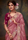 Dusty Rose Designer Organza Silk Saree With Contrast Blouse