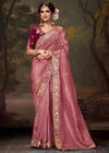 Dusty Rose Designer Organza Silk Saree With Contrast Blouse