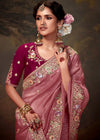 Dusty Rose Designer Organza Silk Saree With Contrast Blouse