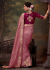 Dusty Rose Designer Organza Silk Saree With Contrast Blouse