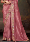 Dusty Rose Designer Organza Silk Saree With Contrast Blouse