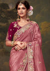 Dusty Rose Designer Organza Silk Saree With Contrast Blouse