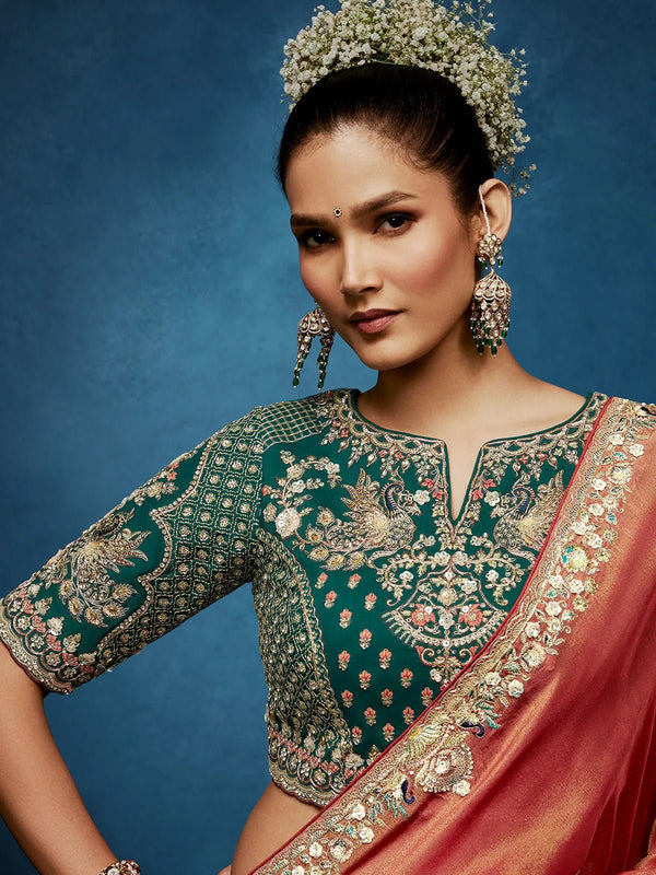 Dusty Rose Designer Silk Saree with Contrast Teal Green Blouse