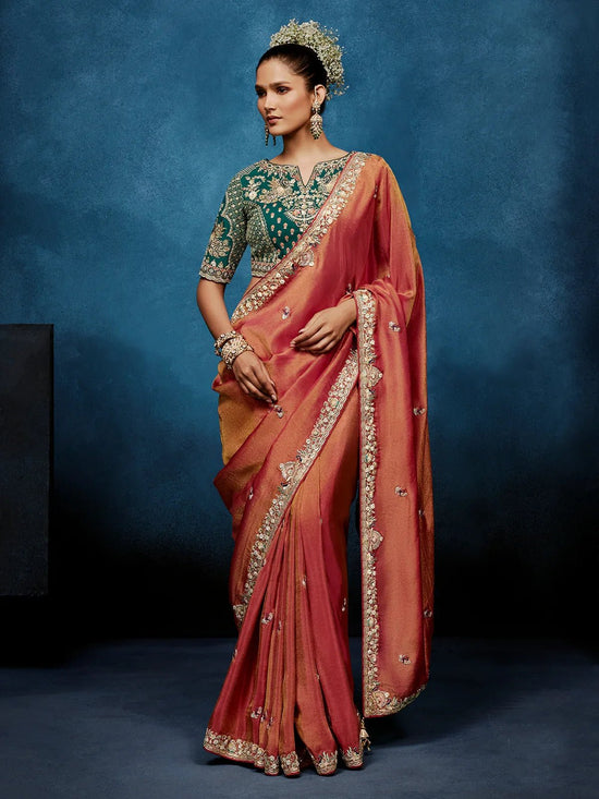 Dusty Rose Designer Silk Saree with Contrast Teal Green Blouse