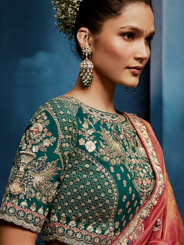 Dusty Rose Designer Silk Saree with Contrast Teal Green Blouse