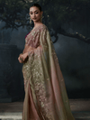 Dusty Rose Embroidered Designer Organza Silk Saree With Contrast Blouse