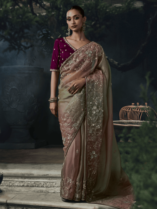 Dusty Rose Embroidered Designer Organza Silk Saree With Contrast Blouse