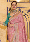 Dusty Rose Pink Banarasi Crepe Silk Saree with Teal Contrast Blouse