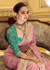 Dusty Rose Pink Banarasi Crepe Silk Saree with Teal Contrast Blouse