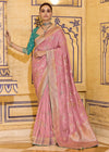 Dusty Rose Pink Banarasi Crepe Silk Saree with Teal Contrast Blouse