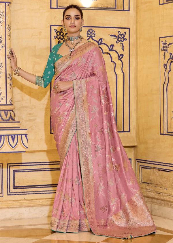 Dusty Rose Pink Banarasi Crepe Silk Saree with Teal Contrast Blouse