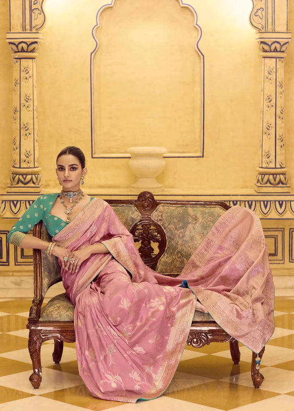 Dusty Rose Pink Banarasi Crepe Silk Saree with Teal Contrast Blouse