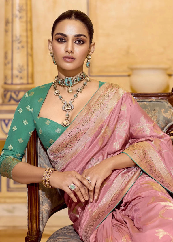 Dusty Rose Pink Banarasi Crepe Silk Saree with Teal Contrast Blouse