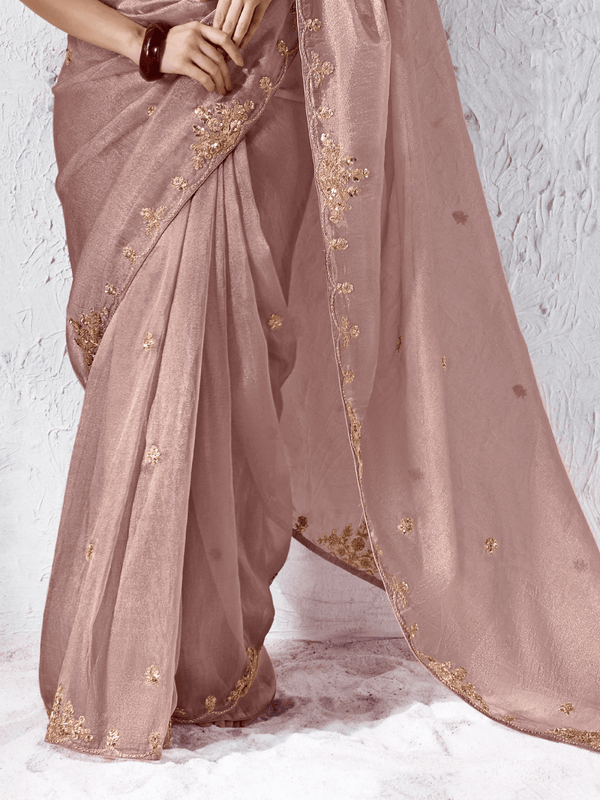 Dusty Rose Pink Embroidered Designer Organza Silk Saree With Contrast Blouse