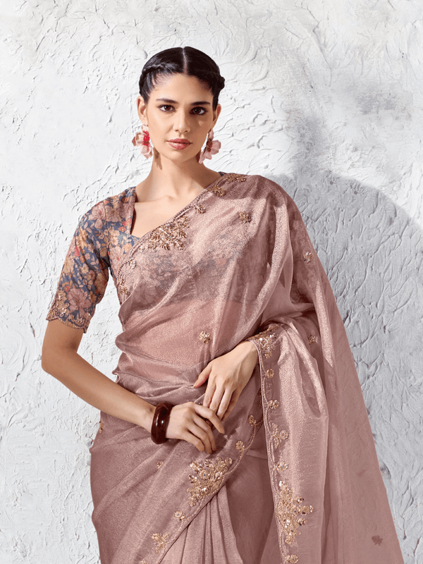Dusty Rose Pink Embroidered Designer Organza Silk Saree With Contrast Blouse
