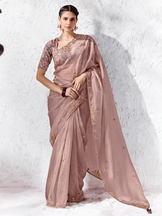 Dusty Rose Pink Embroidered Designer Organza Silk Saree With Contrast Blouse
