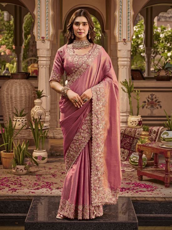 Dusty Rose Pink Embroidered Designer Tissue Silk Saree