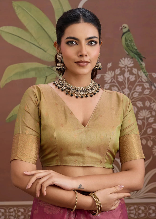 Dusty Rose Pink Tussar Silk Saree with Gold Contrast Blouse